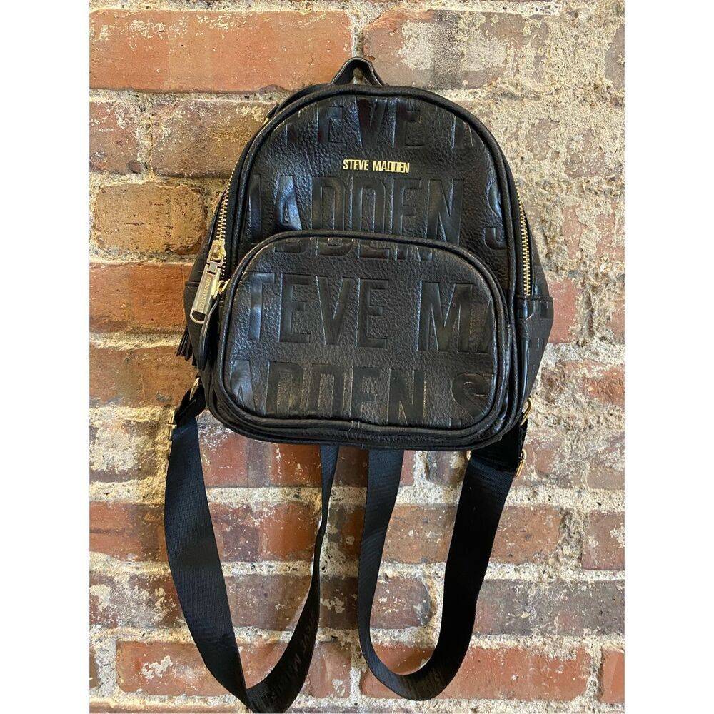 Steve Madden Mini Backpack Purse Black Embossed Leather Logo